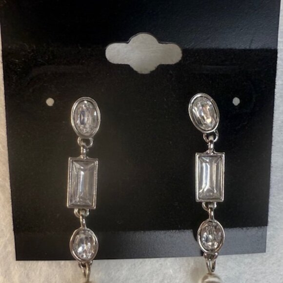 CZ Crystal & Pearl Drop Dangle Earrings Silver Tone NWT - Picture 2 of 3